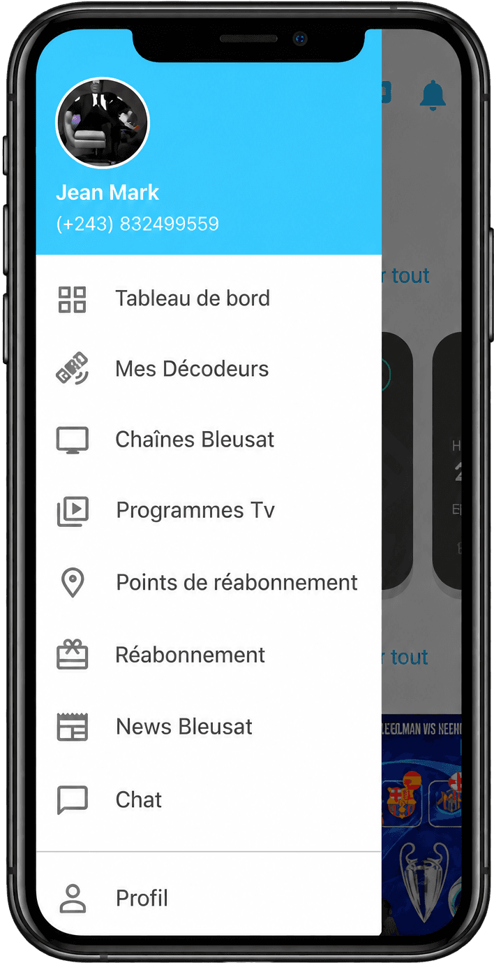 Aperçu de l’application BLEUSAT CLIENT et de son menu de gestion des services